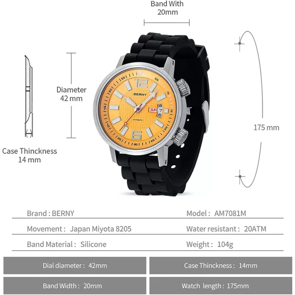 BERNY Automatic Mechanical Dive Watch for Men Self Winding Sport Silicon Strap Wristwatches Waterproof 20ATM Sapphire Glass Scratch Resistant Super LuminousNo Battery RequiredYellow