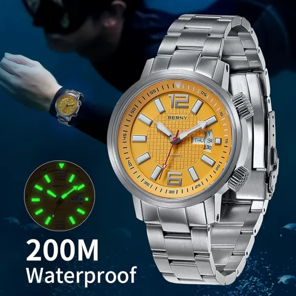 BERNY Automatic Mechanical Dive Watch for Men Self Winding Sport Stainless Steel Strap Wristwatches Waterproof 20ATM Sapphire Glass Scratch Resistant Super LuminousNo Battery RequiredYellow