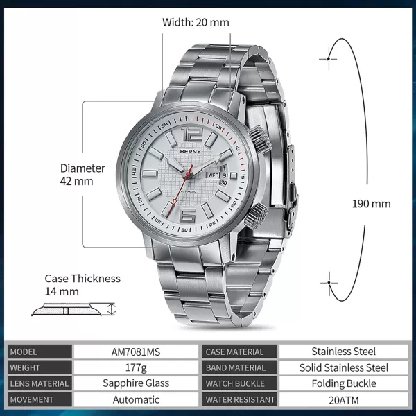 BERNY Automatic Mechanical Dive Watch for Men Self Winding Sport Stainless Steel Strap Wristwatches Waterproof 20ATM Sapphire Glass Scratch Resistant Super LuminousNo Battery RequiredWhite