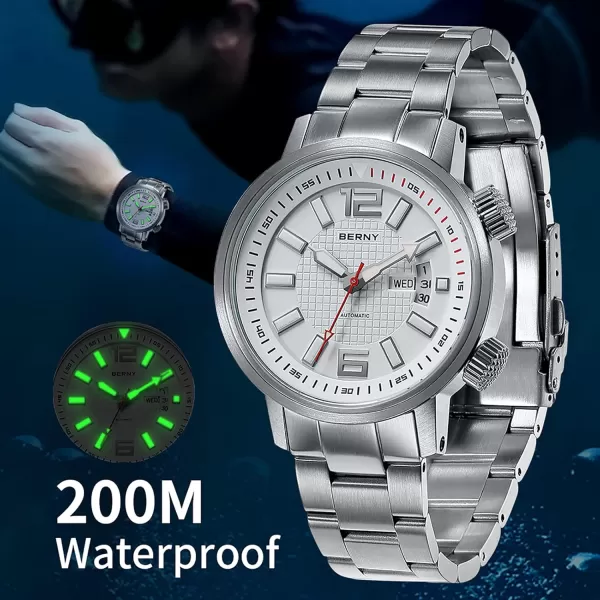 BERNY Automatic Mechanical Dive Watch for Men Self Winding Sport Stainless Steel Strap Wristwatches Waterproof 20ATM Sapphire Glass Scratch Resistant Super LuminousNo Battery RequiredWhite