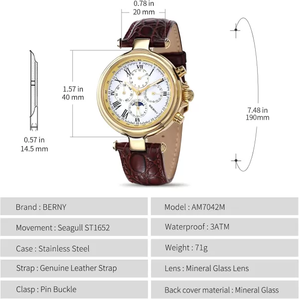 BERNY Automatic Watch for Men Mechanical Self Winding Wristwatch 3ATM Waterproof MultiFunctional Dial Mineral Glass Scratch Resistant Super Luminous