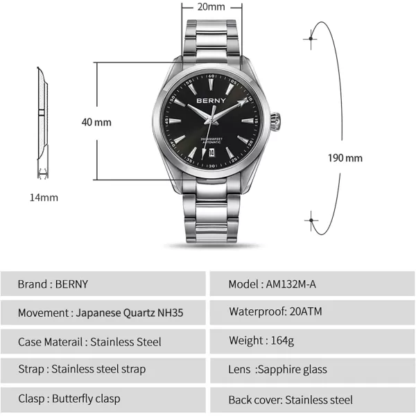 BERNY Automatic Watch for Men NH35 Movement Mechanical Watches with Screwin Crown 20ATM Waterproof Sapphire Glass Stainless Steel Wristwatch Super LuminousBlack