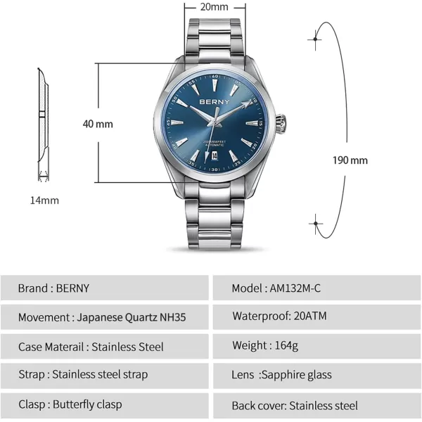 BERNY Automatic Watch for Men NH35 Movement Mechanical Watches with Screwin Crown 20ATM Waterproof Sapphire Glass Stainless Steel Wristwatch Super LuminousBlue