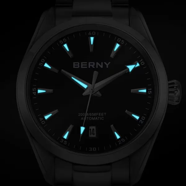 BERNY Automatic Watch for Men NH35 Movement Mechanical Watches with Screwin Crown 20ATM Waterproof Sapphire Glass Stainless Steel Wristwatch Super LuminousBlack