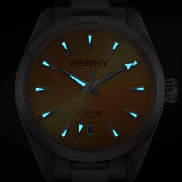 BERNY Automatic Watch for Men NH35 Movement Mechanical Watches with Screwin Crown 20ATM Waterproof Sapphire Glass Stainless Steel Wristwatch Super LuminousYellow