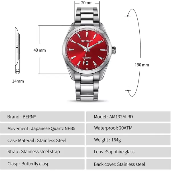 BERNY Automatic Watch for Men NH35 Movement Mechanical Watches with Screwin Crown 20ATM Waterproof Sapphire Glass Stainless Steel Wristwatch Super LuminousRed