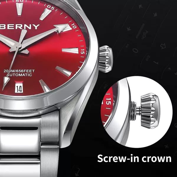 BERNY Automatic Watch for Men NH35 Movement Mechanical Watches with Screwin Crown 20ATM Waterproof Sapphire Glass Stainless Steel Wristwatch Super LuminousRed