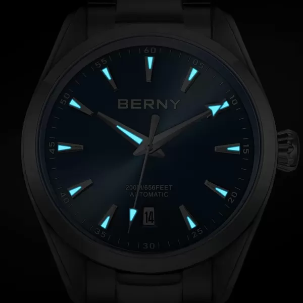 BERNY Automatic Watch for Men NH35 Movement Mechanical Watches with Screwin Crown 20ATM Waterproof Sapphire Glass Stainless Steel Wristwatch Super LuminousBlue