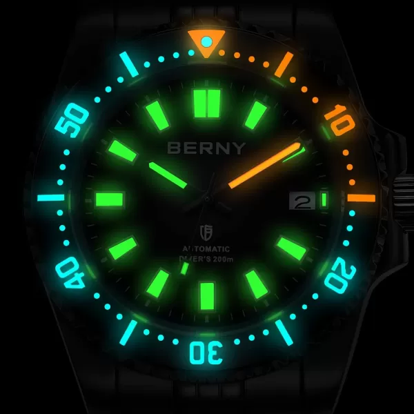 BERNY Dive Watch for Men AR Coating Sapphire Glass Rotating Bezel Automatic Wristwatch with Screwin Crown 20ATM Waterproof Stainless Steel Bracelet Watches Super Luminous WhiteFull Black