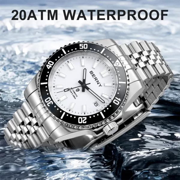 BERNY Dive Watch for Men AR Coating Sapphire Glass Rotating Bezel Automatic Wristwatch with Screwin Crown 20ATM Waterproof Stainless Steel Bracelet Watches Super Luminous WhiteWhite