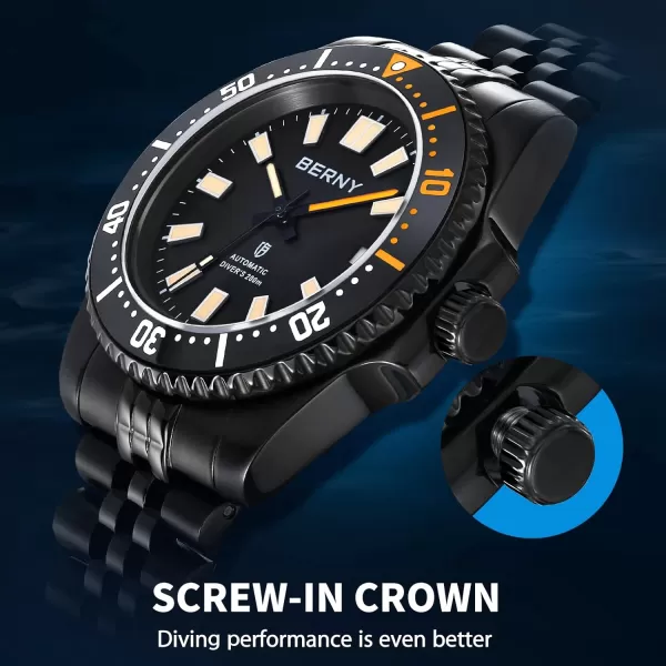 BERNY Dive Watch for Men AR Coating Sapphire Glass Rotating Bezel Automatic Wristwatch with Screwin Crown 20ATM Waterproof Stainless Steel Bracelet Watches Super Luminous WhiteFull Black