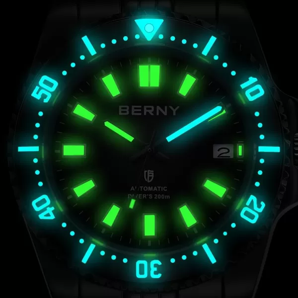 BERNY Dive Watch for Men AR Coating Sapphire Glass Rotating Bezel Automatic Wristwatch with Screwin Crown 20ATM Waterproof Stainless Steel Bracelet Watches Super Luminous WhiteWhite