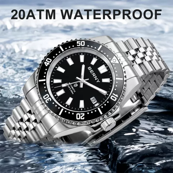 BERNY Dive Watch for Men AR Coating Sapphire Glass Rotating Bezel Automatic Wristwatch with Screwin Crown 20ATM Waterproof Stainless Steel Bracelet Watches Super Luminous WhiteBlack