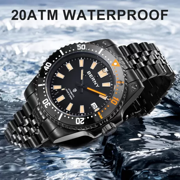 BERNY Dive Watch for Men AR Coating Sapphire Glass Rotating Bezel Automatic Wristwatch with Screwin Crown 20ATM Waterproof Stainless Steel Bracelet Watches Super Luminous WhiteFull Black