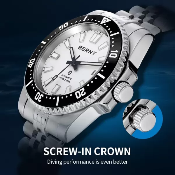 BERNY Dive Watch for Men AR Coating Sapphire Glass Rotating Bezel Automatic Wristwatch with Screwin Crown 20ATM Waterproof Stainless Steel Bracelet Watches Super Luminous WhiteWhite