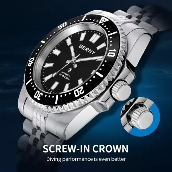 BERNY Dive Watch for Men AR Coating Sapphire Glass Rotating Bezel Automatic Wristwatch with Screwin Crown 20ATM Waterproof Stainless Steel Bracelet Watches Super Luminous WhiteBlack