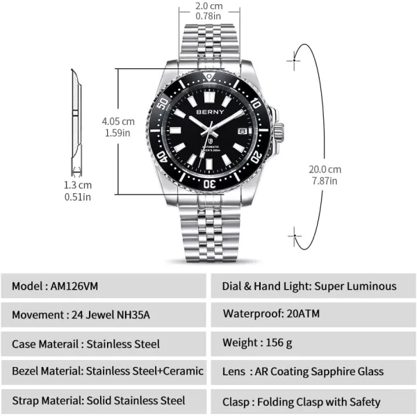 BERNY Dive Watch for Men AR Coating Sapphire Glass Rotating Bezel Automatic Wristwatch with Screwin Crown 20ATM Waterproof Stainless Steel Bracelet Watches Super Luminous WhiteBlack