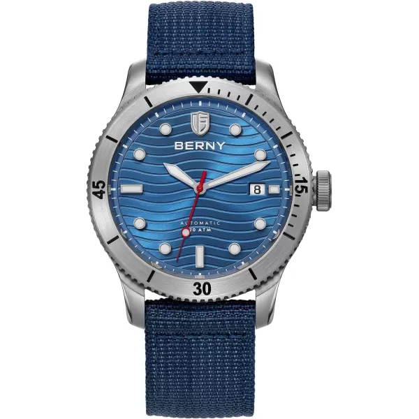 BERNY Dive Watch for Men Automatic Watch 20ATM Waterpoof Sport Mechanical Wristwatch HV600 Hardness Sapphire Glass Diving Swimming Mens Watch Super LuminousBlueNylon