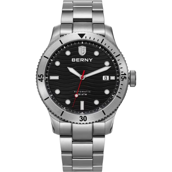 BERNY Dive Watch for Men Automatic Watch 20ATM Waterpoof Sport Mechanical Wristwatch HV600 Hardness Sapphire Glass Diving Swimming Mens Watch Super LuminousBlack