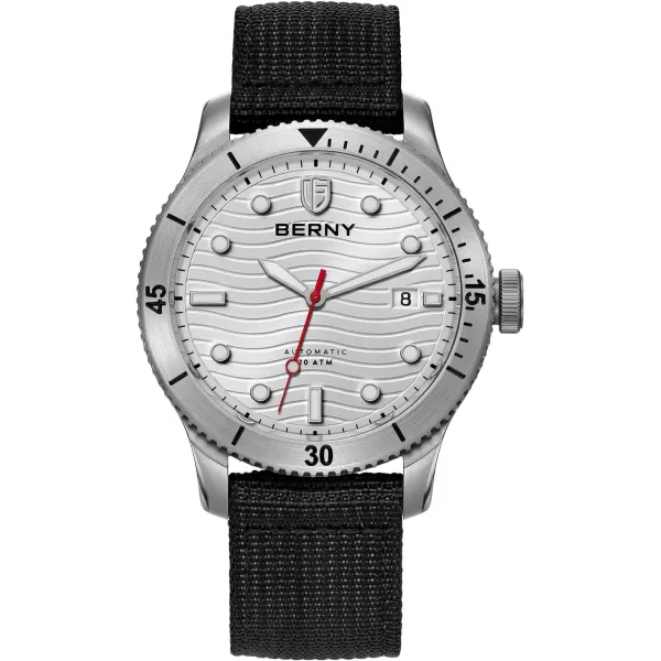 BERNY Dive Watch for Men Automatic Watch 20ATM Waterpoof Sport Mechanical Wristwatch HV600 Hardness Sapphire Glass Diving Swimming Mens Watch Super LuminousWhiteNylon