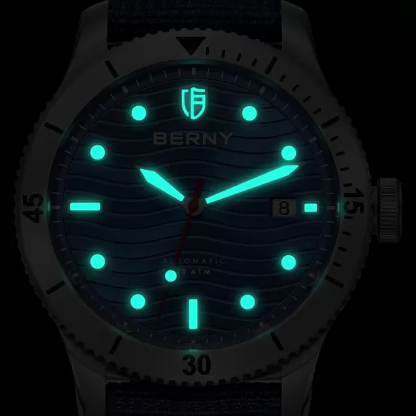 BERNY Dive Watch for Men Automatic Watch 20ATM Waterpoof Sport Mechanical Wristwatch HV600 Hardness Sapphire Glass Diving Swimming Mens Watch Super LuminousBlueNylon