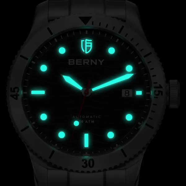 BERNY Dive Watch for Men Automatic Watch 20ATM Waterpoof Sport Mechanical Wristwatch HV600 Hardness Sapphire Glass Diving Swimming Mens Watch Super LuminousBlack