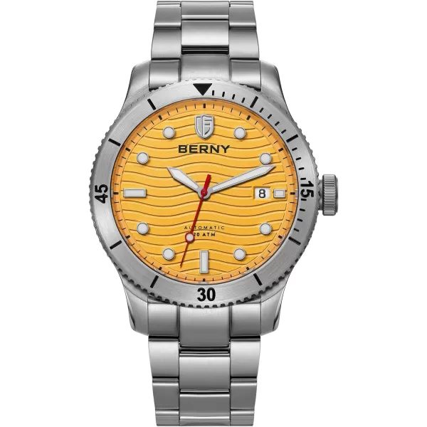 BERNY Dive Watch for Men Automatic Watch 20ATM Waterpoof Sport Mechanical Wristwatch HV600 Hardness Sapphire Glass Diving Swimming Mens Watch Super LuminousYellow