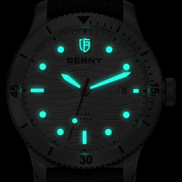 BERNY Dive Watch for Men Automatic Watch 20ATM Waterpoof Sport Mechanical Wristwatch HV600 Hardness Sapphire Glass Diving Swimming Mens Watch Super LuminousWhiteNylon