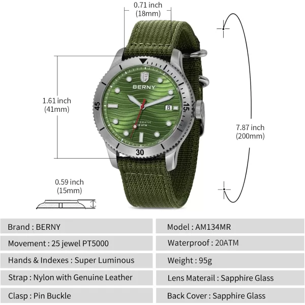 BERNY Dive Watch for Men Automatic Watch 20ATM Waterpoof Sport Mechanical Wristwatch HV600 Hardness Sapphire Glass Diving Swimming Mens Watch Super LuminousGreenNylon