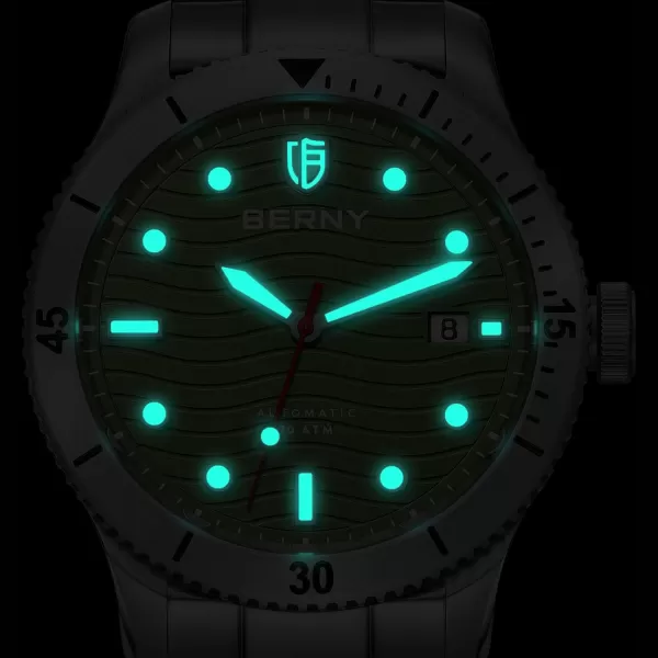 BERNY Dive Watch for Men Automatic Watch 20ATM Waterpoof Sport Mechanical Wristwatch HV600 Hardness Sapphire Glass Diving Swimming Mens Watch Super LuminousGreen