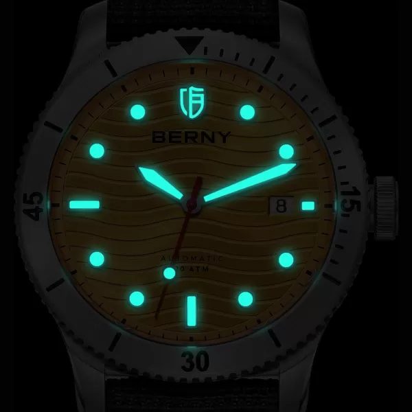 BERNY Dive Watch for Men Automatic Watch 20ATM Waterpoof Sport Mechanical Wristwatch HV600 Hardness Sapphire Glass Diving Swimming Mens Watch Super LuminousYellowNylon