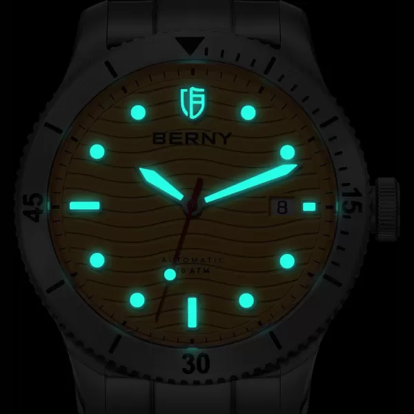 BERNY Dive Watch for Men Automatic Watch 20ATM Waterpoof Sport Mechanical Wristwatch HV600 Hardness Sapphire Glass Diving Swimming Mens Watch Super LuminousYellow