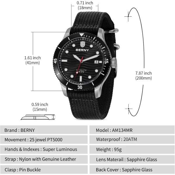 BERNY Dive Watch for Men Automatic Watch 20ATM Waterpoof Sport Mechanical Wristwatch HV600 Hardness Sapphire Glass Diving Swimming Mens Watch Super LuminousBlackNylon