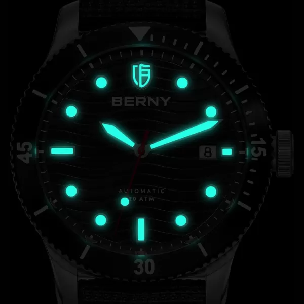 BERNY Dive Watch for Men Automatic Watch 20ATM Waterpoof Sport Mechanical Wristwatch HV600 Hardness Sapphire Glass Diving Swimming Mens Watch Super LuminousBlackNylon