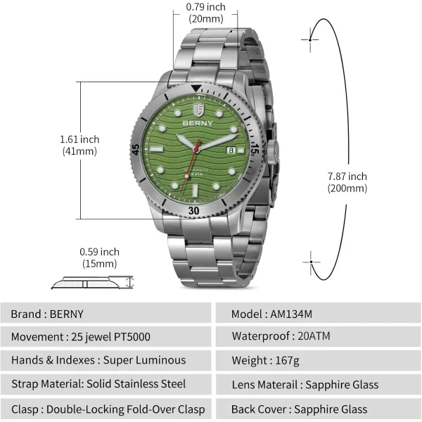 BERNY Dive Watch for Men Automatic Watch 20ATM Waterpoof Sport Mechanical Wristwatch HV600 Hardness Sapphire Glass Diving Swimming Mens Watch Super LuminousGreen