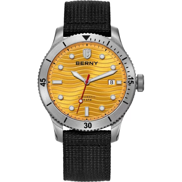 BERNY Dive Watch for Men Automatic Watch 20ATM Waterpoof Sport Mechanical Wristwatch HV600 Hardness Sapphire Glass Diving Swimming Mens Watch Super LuminousYellowNylon