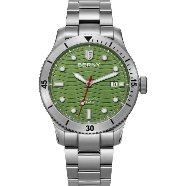 BERNY Dive Watch for Men Automatic Watch 20ATM Waterpoof Sport Mechanical Wristwatch HV600 Hardness Sapphire Glass Diving Swimming Mens Watch Super LuminousGreen