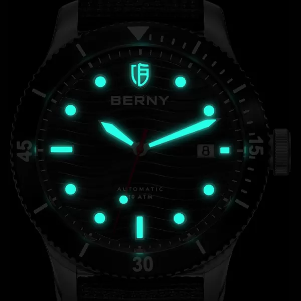 BERNY Dive Watch for Men Automatic Watch 20ATM Waterpoof Sport Mechanical Wristwatch HV600 Hardness Sapphire Glass Diving Swimming Mens Watch Super LuminousGreenNylon