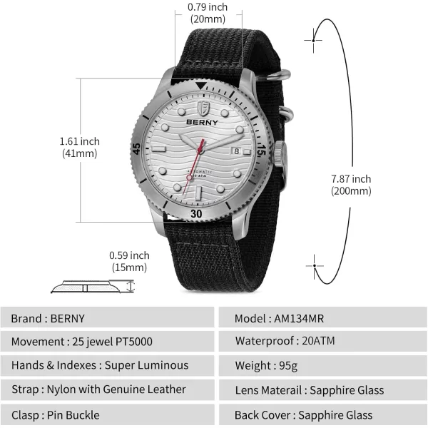 BERNY Dive Watch for Men Automatic Watch 20ATM Waterpoof Sport Mechanical Wristwatch HV600 Hardness Sapphire Glass Diving Swimming Mens Watch Super Luminous Nylon with Genuine Leather Watch Band