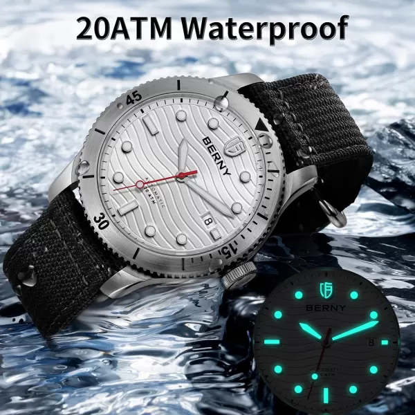 BERNY Dive Watch for Men Automatic Watch 20ATM Waterpoof Sport Mechanical Wristwatch HV600 Hardness Sapphire Glass Diving Swimming Mens Watch Super Luminous Nylon with Genuine Leather Watch Band