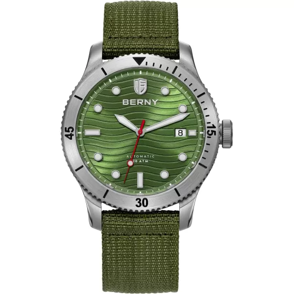 BERNY Dive Watch for Men Automatic Watch 20ATM Waterpoof Sport Mechanical Wristwatch HV600 Hardness Sapphire Glass Diving Swimming Mens Watch Super LuminousGreenNylon