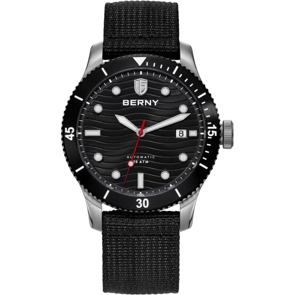 BERNY Dive Watch for Men Automatic Watch 20ATM Waterpoof Sport Mechanical Wristwatch HV600 Hardness Sapphire Glass Diving Swimming Mens Watch Super LuminousBlackNylon