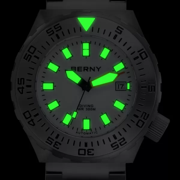 BERNY Dive Watch for Men Sports Diving Wristwatch with Screwin Crown 30ATM Waterproof Sapphire Glass Solid Stainless Steel Bracelet Automatic Mechanical Pro Diver Watches Super LuminousWhite