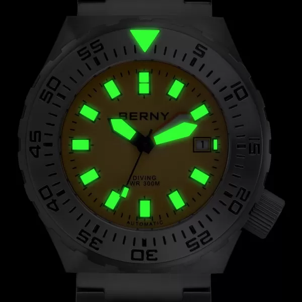 BERNY Dive Watch for Men Sports Diving Wristwatch with Screwin Crown 30ATM Waterproof Sapphire Glass Solid Stainless Steel Bracelet Automatic Mechanical Pro Diver Watches Super LuminousOrange