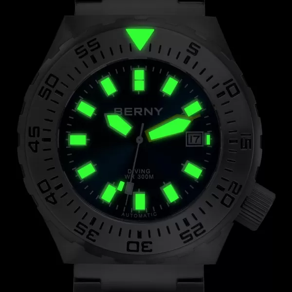 BERNY Dive Watch for Men Sports Diving Wristwatch with Screwin Crown 30ATM Waterproof Sapphire Glass Solid Stainless Steel Bracelet Automatic Mechanical Pro Diver Watches Super LuminousBlue