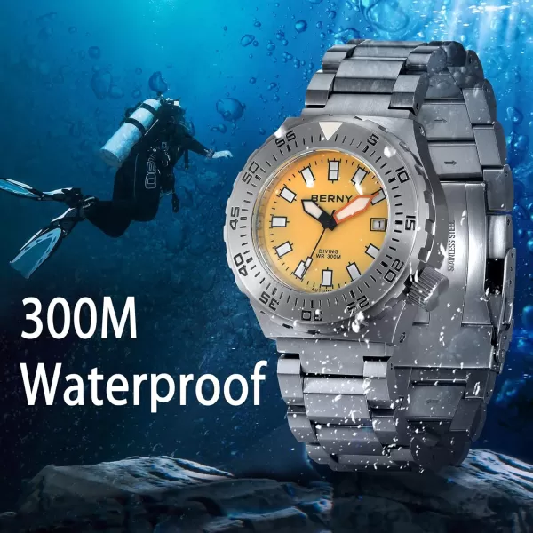 BERNY Dive Watch for Men Sports Diving Wristwatch with Screwin Crown 30ATM Waterproof Sapphire Glass Solid Stainless Steel Bracelet Automatic Mechanical Pro Diver Watches Super LuminousOrange