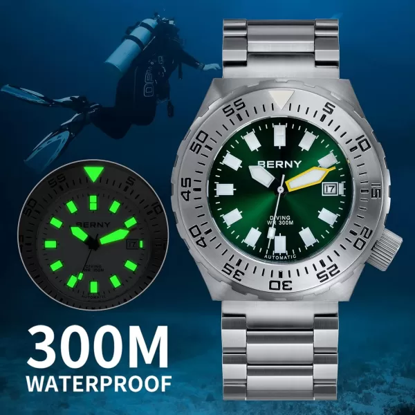 BERNY Dive Watch for Men Sports Diving Wristwatch with Screwin Crown 30ATM Waterproof Sapphire Glass Solid Stainless Steel Bracelet Automatic Mechanical Pro Diver Watches Super LuminousGreen