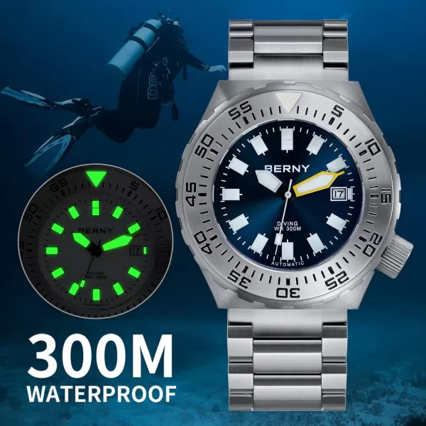 BERNY Dive Watch for Men Sports Diving Wristwatch with Screwin Crown 30ATM Waterproof Sapphire Glass Solid Stainless Steel Bracelet Automatic Mechanical Pro Diver Watches Super LuminousBlue