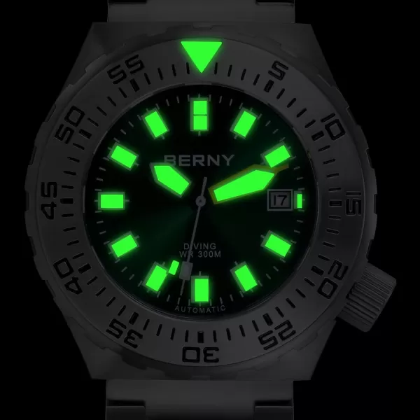 BERNY Dive Watch for Men Sports Diving Wristwatch with Screwin Crown 30ATM Waterproof Sapphire Glass Solid Stainless Steel Bracelet Automatic Mechanical Pro Diver Watches Super LuminousGreen