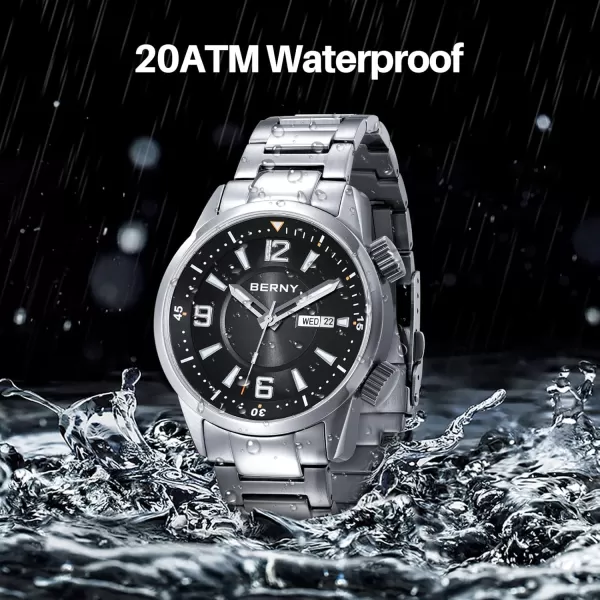 BERNY Diver Watch for Men Automatic Mechanical Wristwatch 20ATM Waterproof Sapphire Crystal Super Luminous Male Watches Stainless Steel StrapBlack